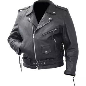 Mens Solid Buffalo Black Leather Classic Motorcycle Size 60 Jacket w/Side Lacing